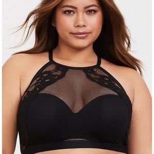 TORRID BLACK MESH & LACE HALTER BRALETTE